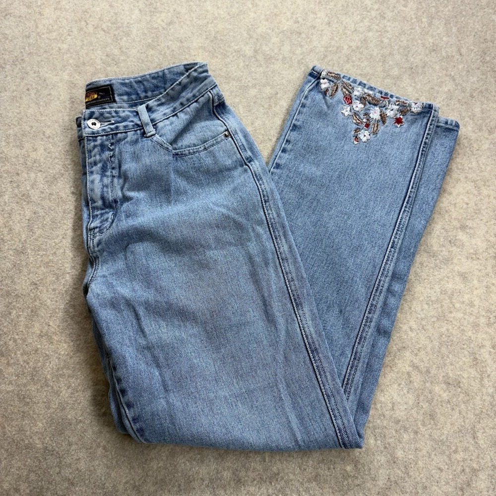 Vintage 90s Route 66 Straight Leg Blue Jeans Floral Embroidered Hems Women's 5/6